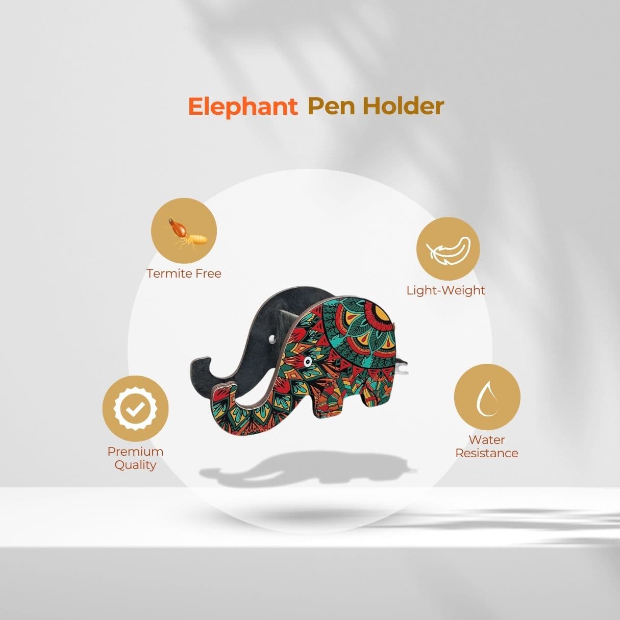 Elephant Pen Holder – MDF Mandala Desk Organizer for Office & Home