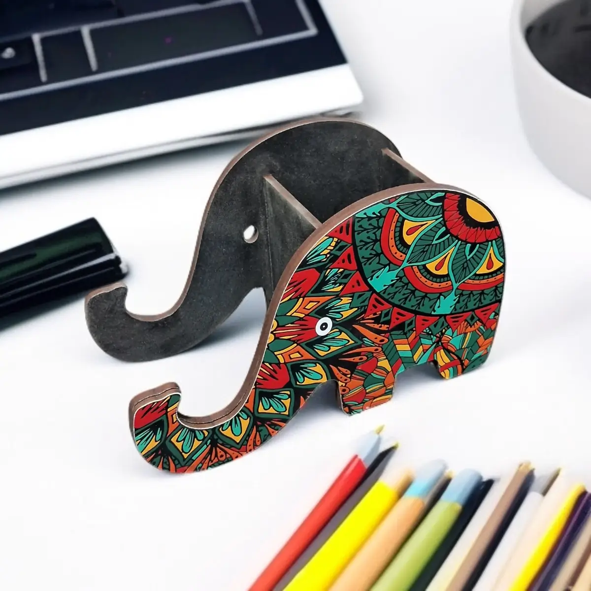 Elephant Pen Holder – MDF Mandala Desk Organizer for Office & Home
