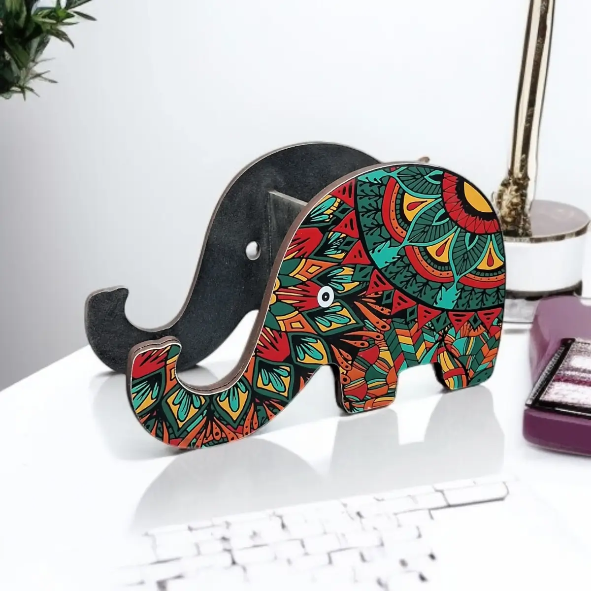 Elephant Pen Holder – MDF Mandala Desk Organizer for Office & Home